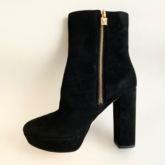 Michael Kors Frenchie Black Suede Stiletto Block Heel Platform Logo Ankle Bootie - Picture 7 of 9